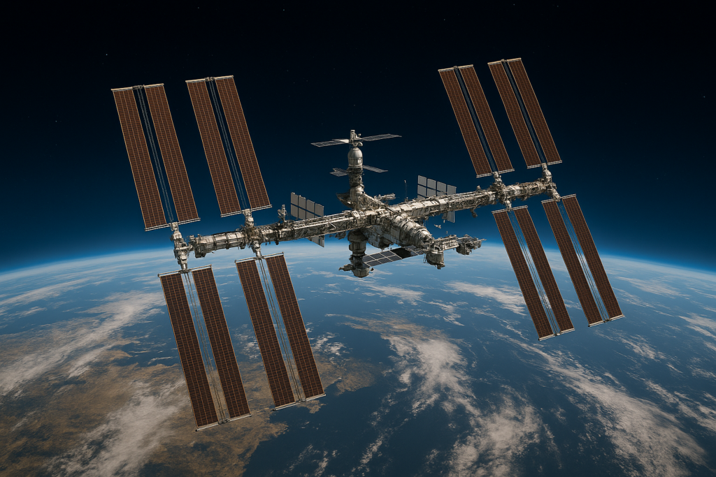 international Space Station | Space Power The International Space Station orbiting above Earth with its solar panels extended.